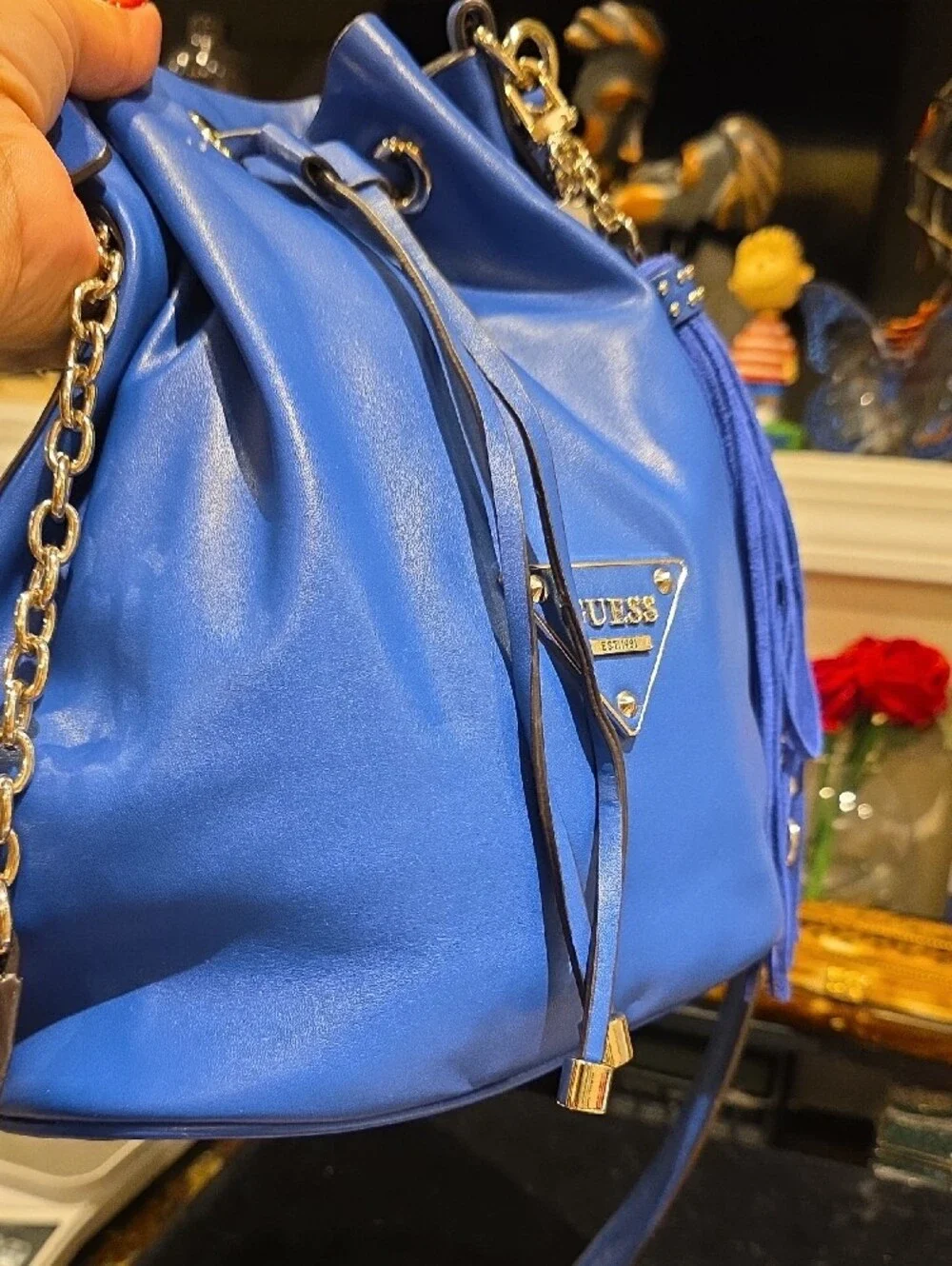 GUESS Royal Blue Drawstring Bucket Bag with Tassel